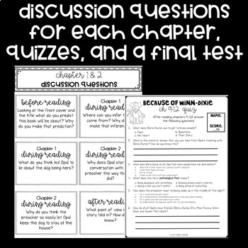 A novel companion with reading skills for each chapter, quizzes for every two chapters, a final test, and many final project choices for the novel "Because of Winn-Dixie" by Kate DiCamillo.